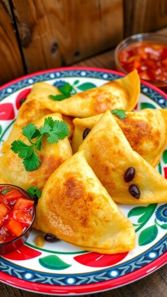 Oaxacan Tetelas Recipe: Stuffed Masa Triangles Golden-brown Oaxacan tetelas stuffed with black beans and cheese, garnished with cilantro and salsa on a colorful plate.