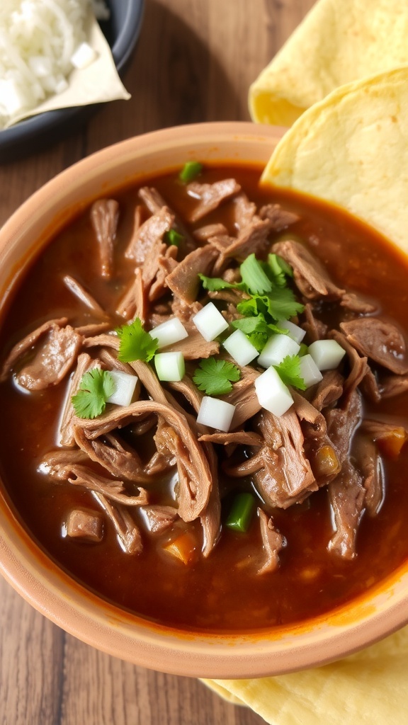 A bowl of beef birria with shredded beef in broth, garnished with cilantro and onions, served with corn tortillas.