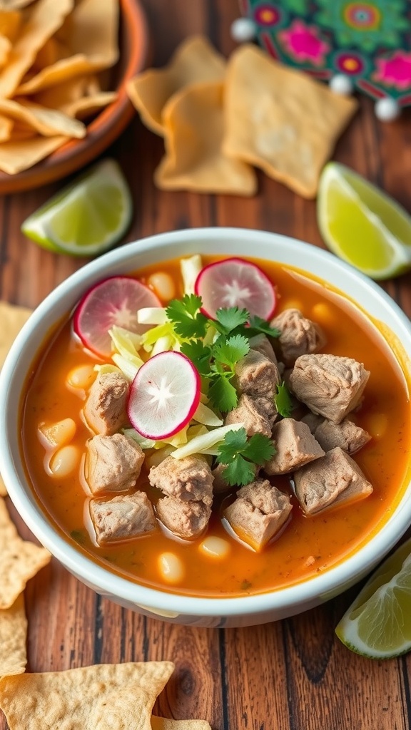 A bowl of Pozole Blanco with meat, hominy, garnished with cabbage and radishes, served with lime and tortilla chips.