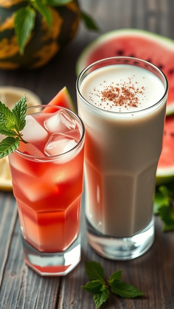 Horchata and Agua Frescas Recipe A glass of horchata with cinnamon and a glass of watermelon agua fresca on a wooden table.