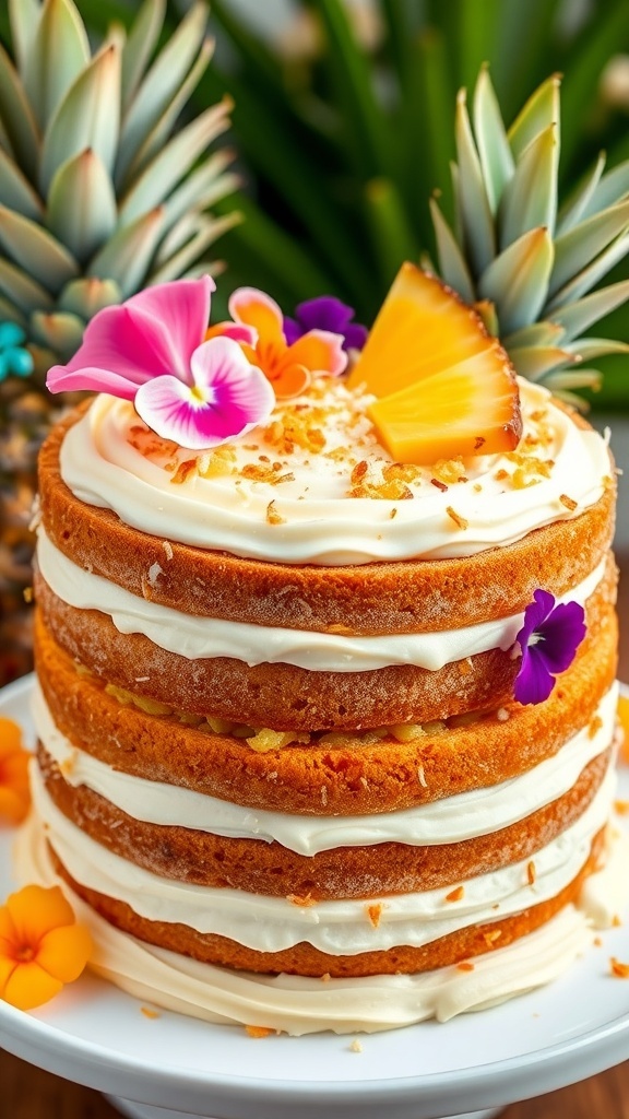 Hawaiian Carrot Pineapple Cake Recipe A vibrant Hawaiian carrot pineapple cake with coconut frosting and pineapple garnishes, perfect for summer.