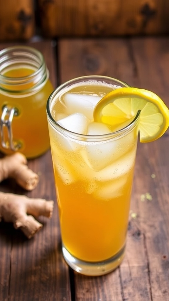 Homemade Ginger Ale Recipe A glass of homemade ginger ale with ice and lemon slice, alongside a pitcher and fresh ginger on a wooden table.