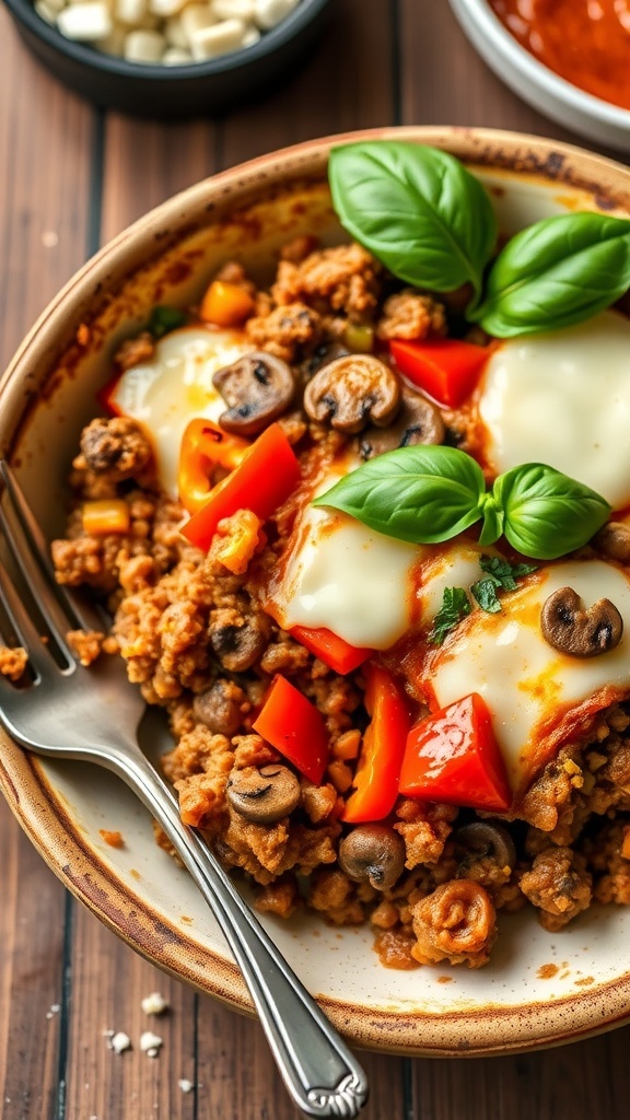 Low Carb Crustless Pizza Bowl Recipe A delicious low carb crustless pizza bowl with ground meat, cheese, and vegetables, garnished with basil, on a rustic table.