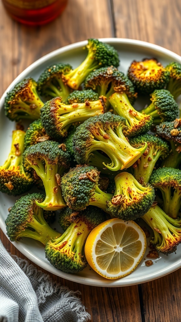 Crispy Oven Roasted Broccoli Recipe Crispy roasted broccoli on a plate with lemon, showcasing a healthy vegetable side dish.