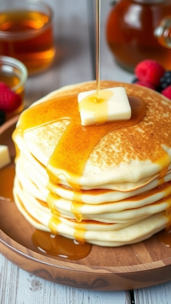 Fluffy Pancakes with Maple Syrup Recipe Fluffy pancakes with maple syrup and butter, served with fresh berries on a wooden plate.