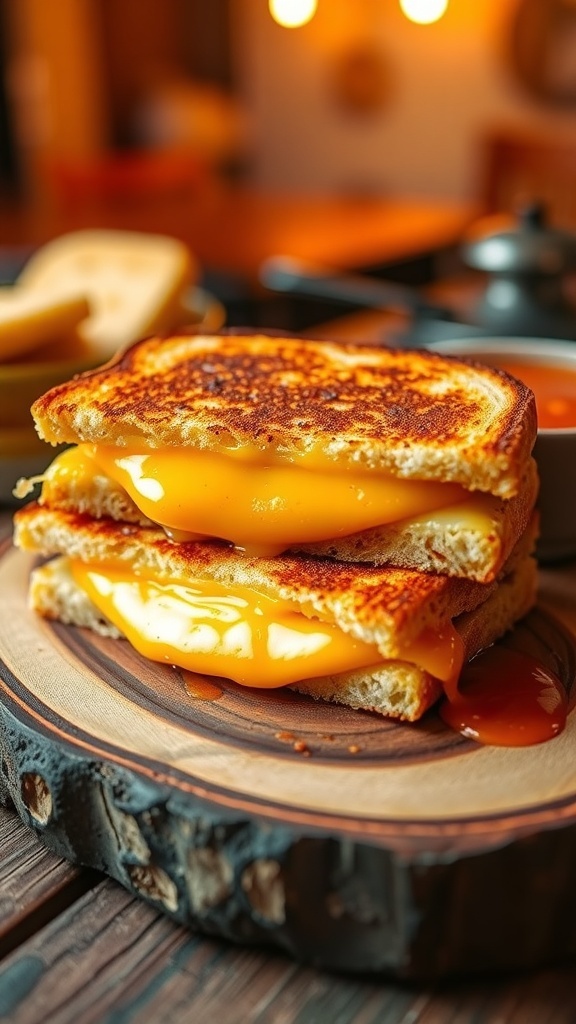 Classic Grilled Cheese Sandwich Recipe A crispy grilled cheese sandwich with melted cheese, served with tomato soup on a wooden board.