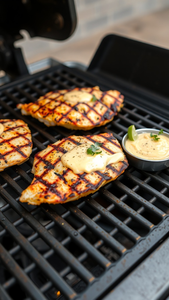 Grilled catfish fillets with remoulade sauce on a grill
