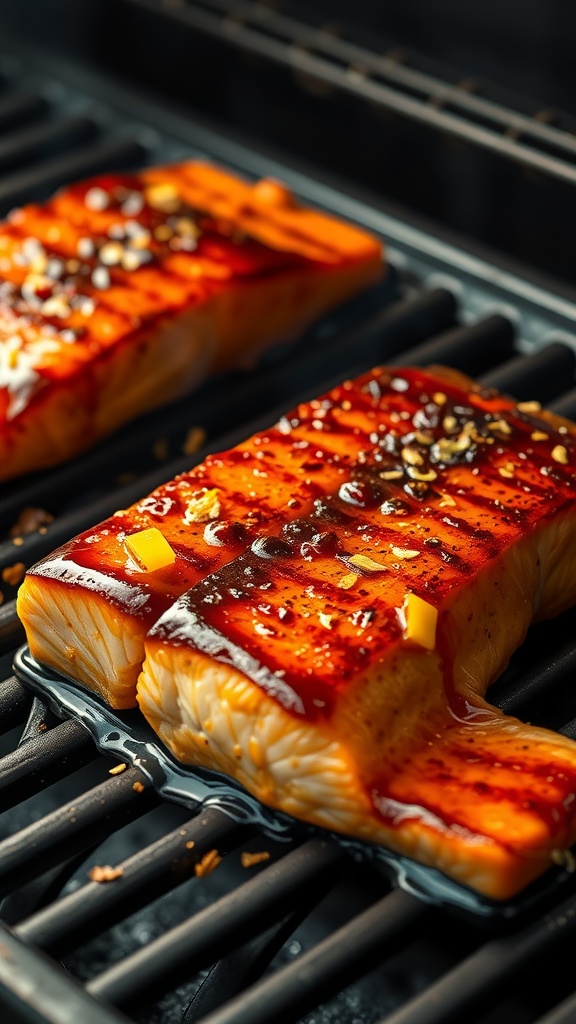 Grilled salmon fillets with a honey glaze on a grill