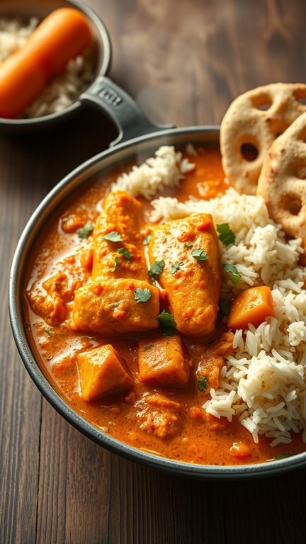 A bowl of Fish Tikka Masala with rice and traditional bread on a wooden table.