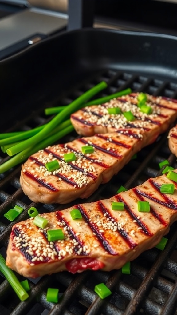 Grilled tuna steaks with sesame crust on a grill, garnished with green onions.