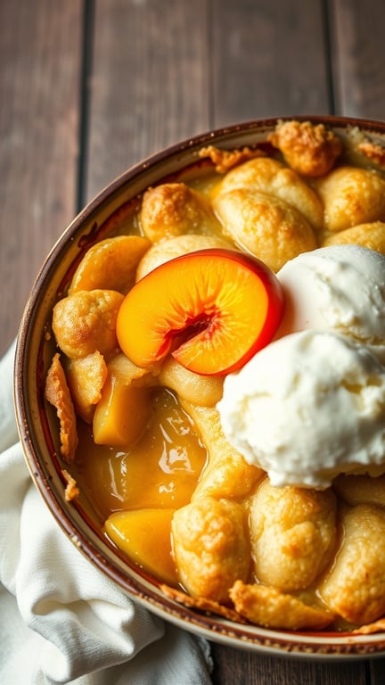 A bowl of classic peach cobbler topped with a slice of peach and a scoop of vanilla ice cream.