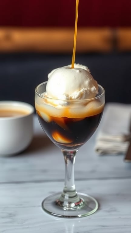 A glass of Affogato with espresso poured over a scoop of ice cream