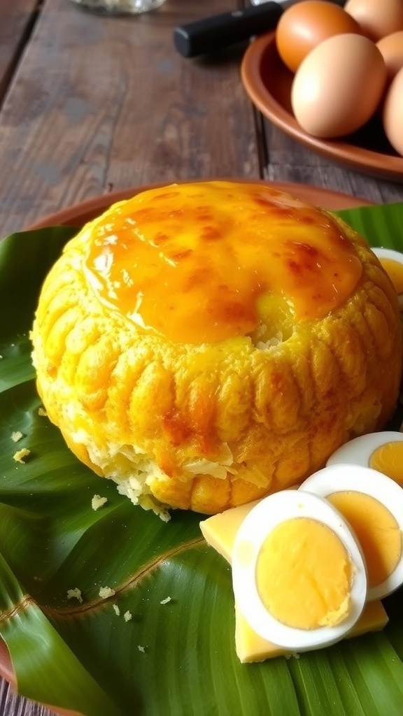 Traditional Bibingka Recipe - Filipino Rice Cake Traditional Bibingka rice cake with cheese and salted eggs, served on a banana leaf.