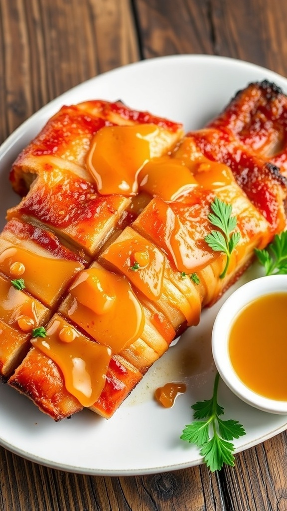 Crispy Lechon Kawali Recipe Crispy lechon kawali with golden pork belly skin, served with vinegar sauce on a rustic table.