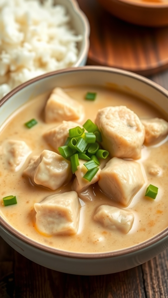A bowl of creamy adobo sa gata with chicken in coconut milk, garnished with green onions, served with rice on a wooden table.