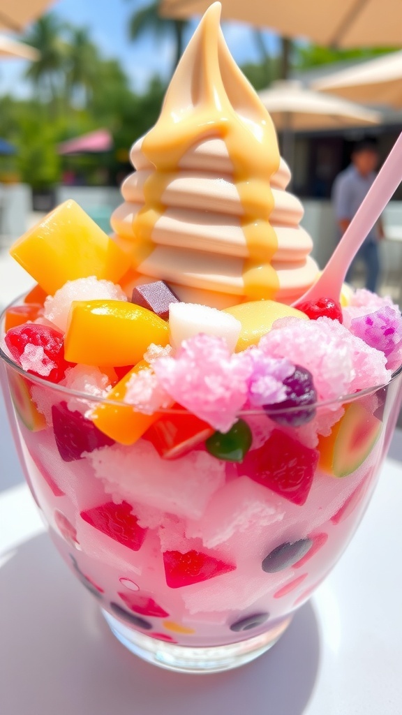 Traditional Filipino Halo-Halo Recipe A colorful bowl of halo-halo with fruits, jellies, leche flan, ube ice cream, and shaved ice, set in a sunny outdoor setting.