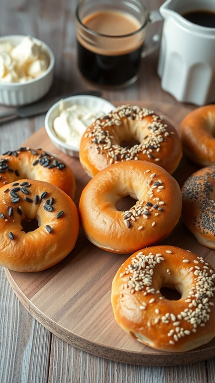 Homemade bagels topped with sesame and poppy seeds on a wooden board with cream cheese and coffee.