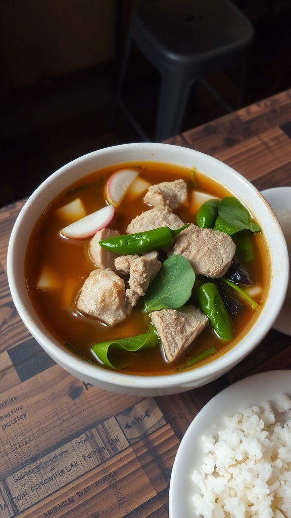 Sinigang na Baboy (Pork Sinigang) Recipe A bowl of Pork Sinigang with pork, radish, eggplant, and greens in tamarind broth, served with rice.