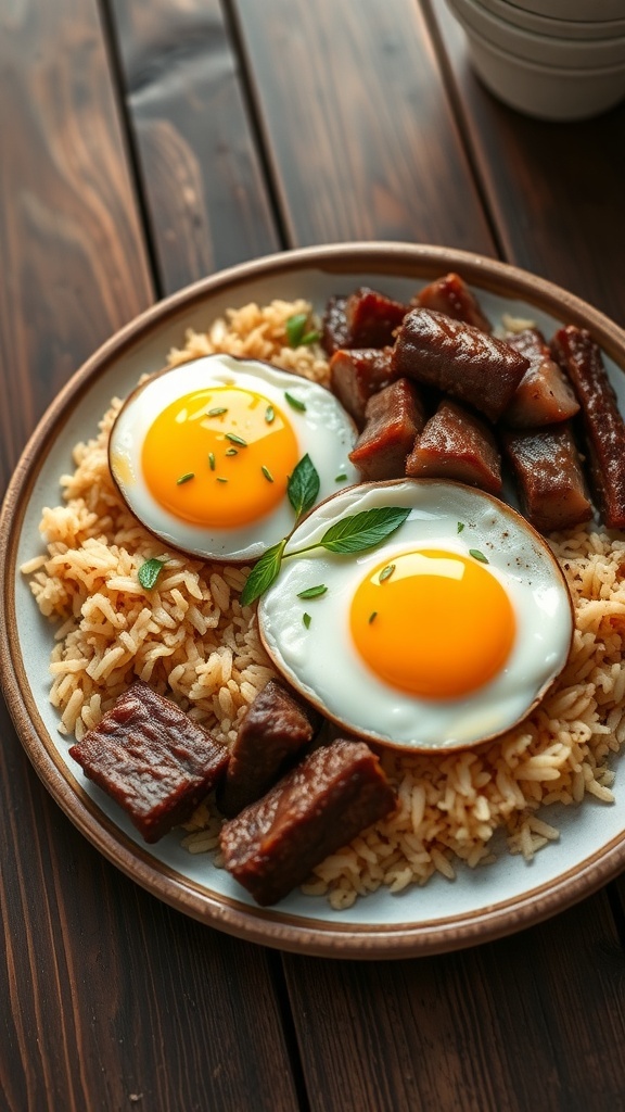 Tapsilog: Classic Beef Tapa Meal A plate of tapsilog with beef tapa, garlic fried rice, and a fried egg, showcasing a classic Filipino breakfast.