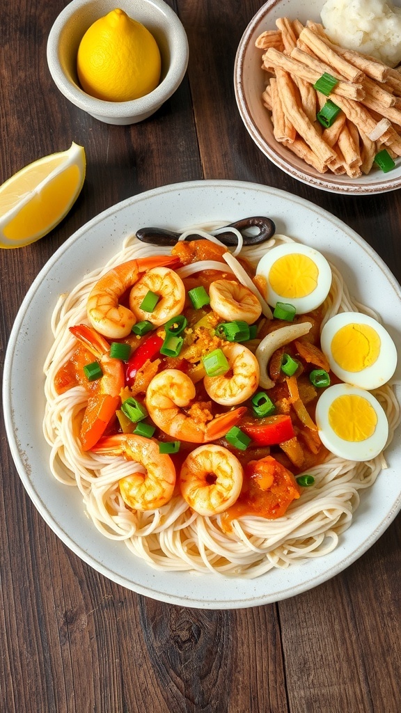 Pancit Malabon Recipe A colorful serving of Pancit Malabon with seafood, vegetables, and garnishes on a rustic table.