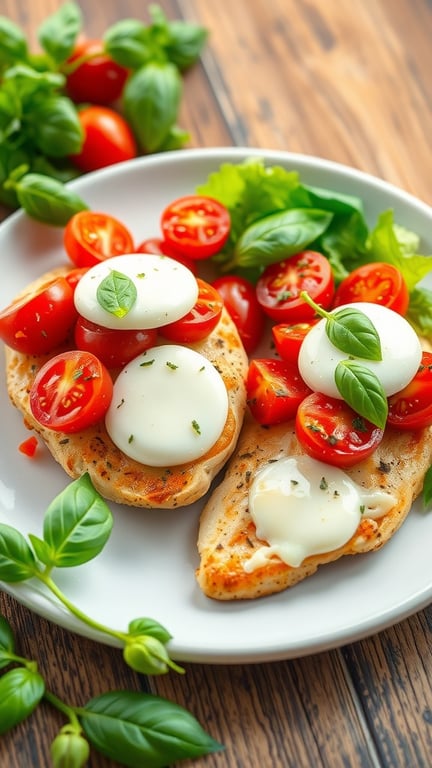 Tomato-Basil Chicken with cherry tomatoes and basil on a rustic table.