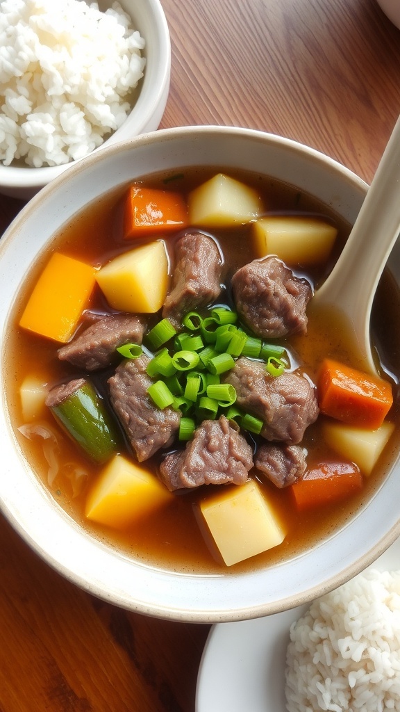 Nilagang Baka (Filipino Beef Soup) Recipe A hearty bowl of Nilagang Baka with beef, potatoes, corn, and cabbage on a wooden table with rice.