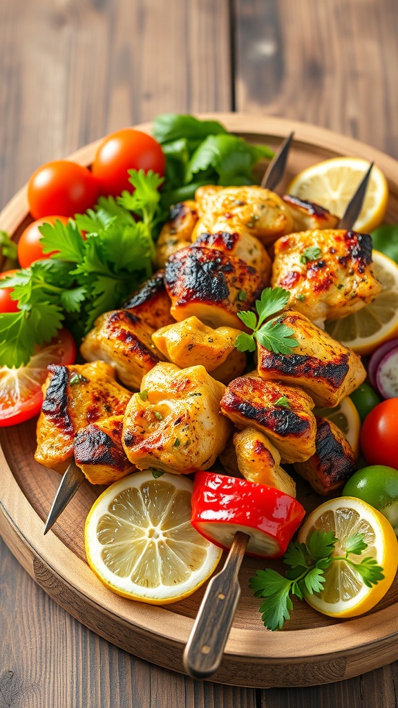 A platter of grilled lemon herb chicken skewers with tomatoes, lemon slices, and fresh herbs.
