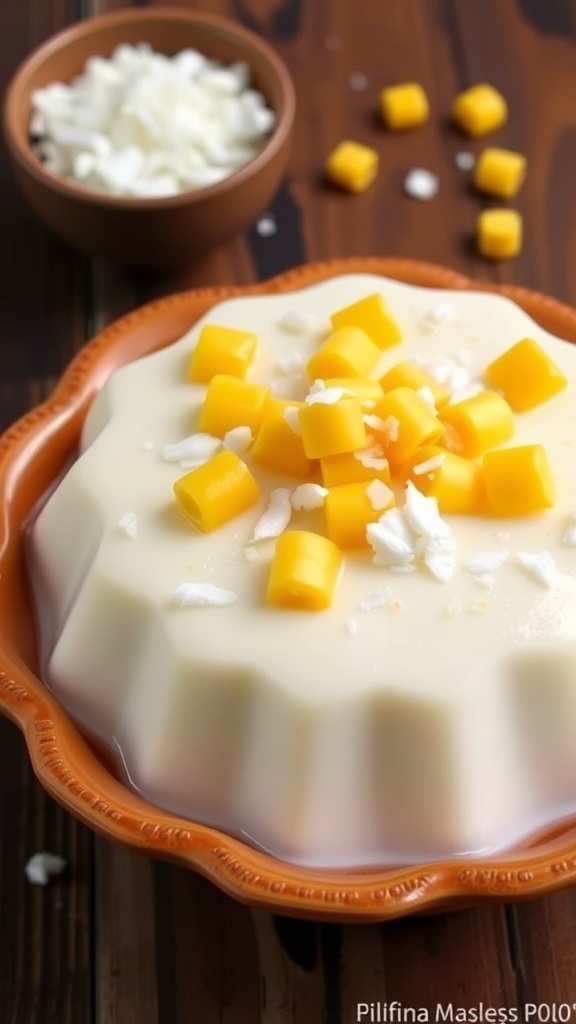 Maja Blanca Recipe (Filipino Coconut Pudding) A serving of Maja Blanca, a creamy coconut pudding with corn, garnished with grated coconut on a rustic table.