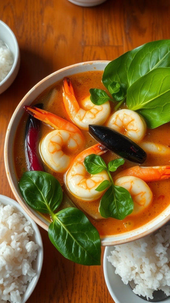 A bowl of shrimp sinigang with shrimp, radish, eggplant, and water spinach in a sour broth, served with rice.