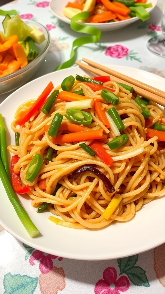Pancit Bihon Recipe (Filipino Stir-Fried Rice Noodles) A colorful serving of Pancit Bihon with rice noodles, vegetables, and garnished with green onions on a festive table.