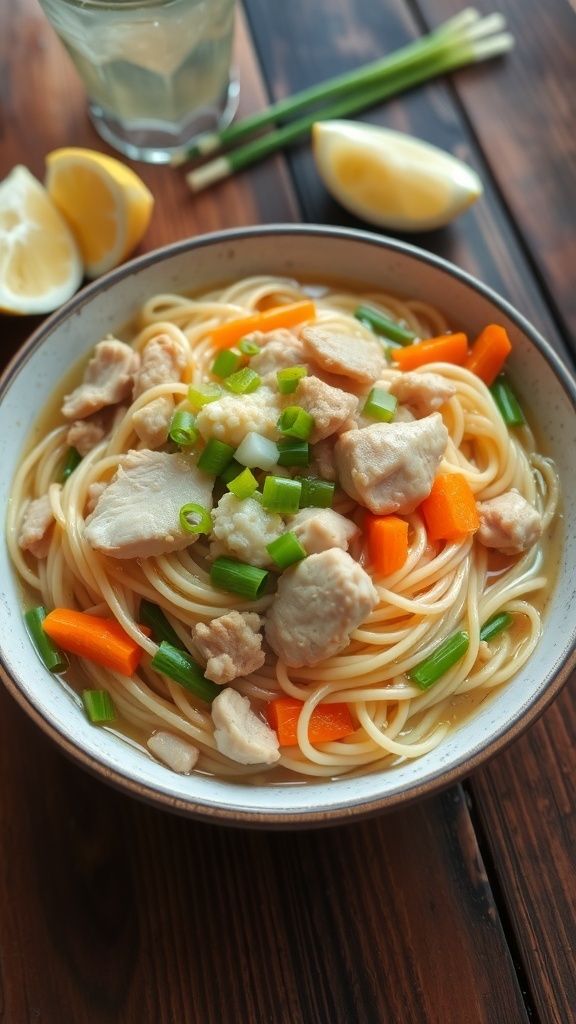 A bowl of Pancit Lomi with thick noodles, chicken, pork, and vegetables, garnished with green onions and lemon wedges.