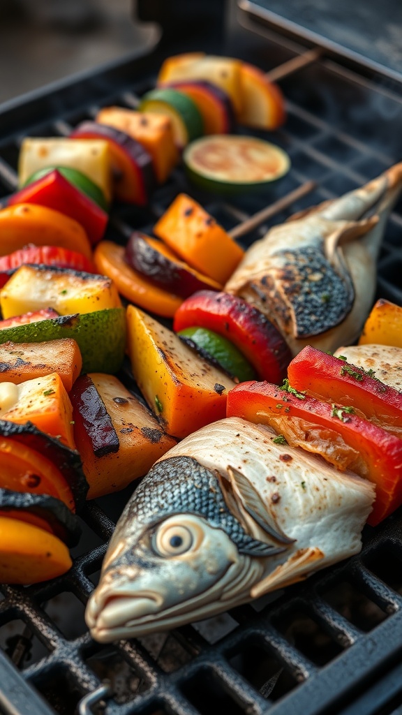 Grilled fish and vegetable kebabs on a barbecue grill