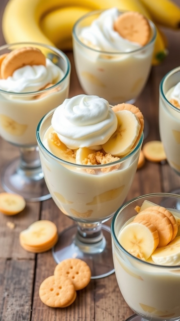 Southern Banana Pudding Parfaits Recipe Layered banana pudding parfaits in clear cups with vanilla pudding, banana slices, and Nilla wafers, topped with whipped cream.