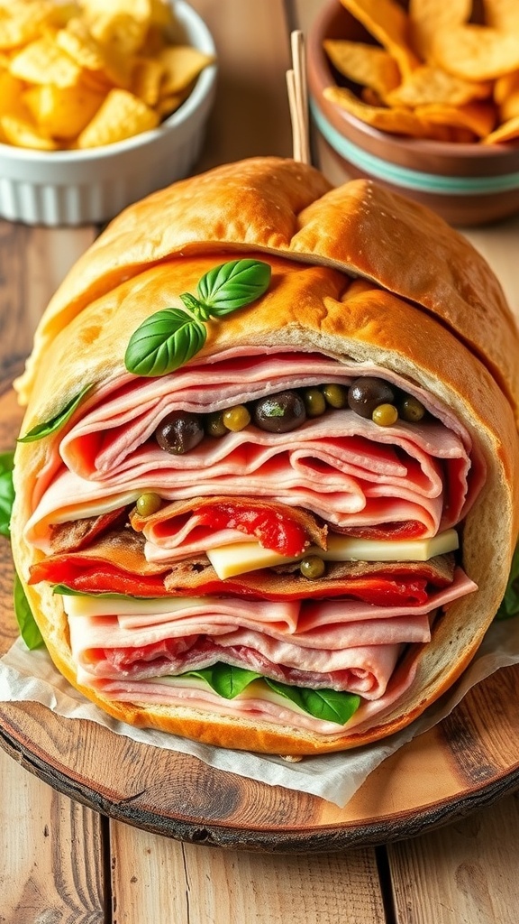 A giant muffaletta sandwich with layers of deli meats, cheese, and olive salad, sliced into wedges on a wooden table with chips.