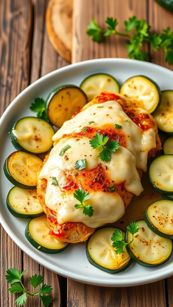 Baked Chicken and Zucchini Recipe Baked chicken breast with zucchini, garnished with parsley on a rustic table.