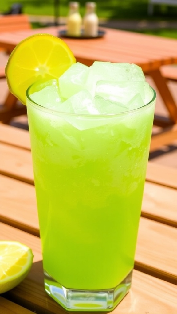 Frozen Pickle Margarita Slush Recipe A refreshing Frozen Pickle Margarita Slush in a glass, garnished with pickle and lime, set in a sunny outdoor setting.