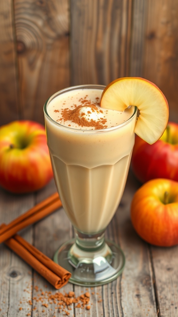 Delicious Apple Pie Smoothie Recipe A glass of apple pie smoothie topped with cinnamon and an apple slice, surrounded by apples and a cinnamon stick.