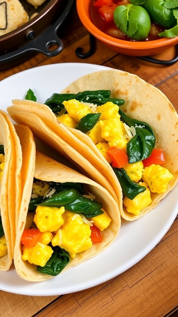 Spinach and egg tacos on a plate, filled with scrambled eggs and spinach, garnished with cheese and salsa.