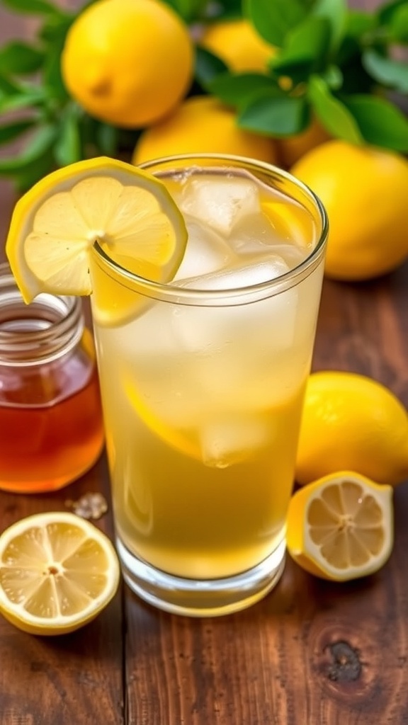 Apple Cider Vinegar Morning Tonic Recipe A glass of apple cider vinegar tonic with lemon and honey, surrounded by fresh lemons and honey jar.