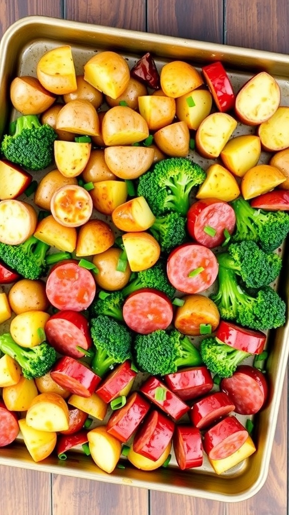 A colorful sheet pan dinner with kielbasa, potatoes, and broccoli, garnished with green onions.