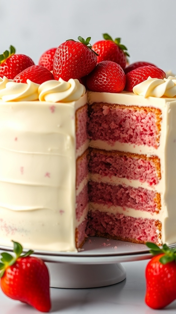 Moist White Chocolate Strawberry Layer Cake A moist white chocolate strawberry layer cake with fresh strawberries on top, displayed on a light background.