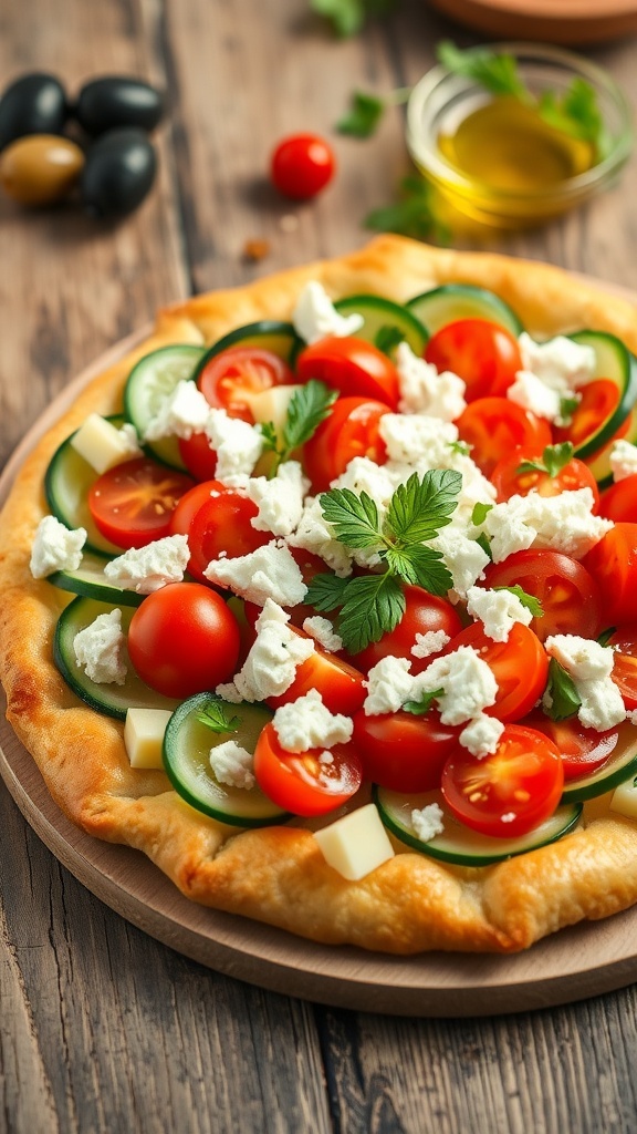 Mediterranean Greek salad tart with puff pastry, topped with cucumber ribbons, tomatoes, olives, and feta on a wooden table.