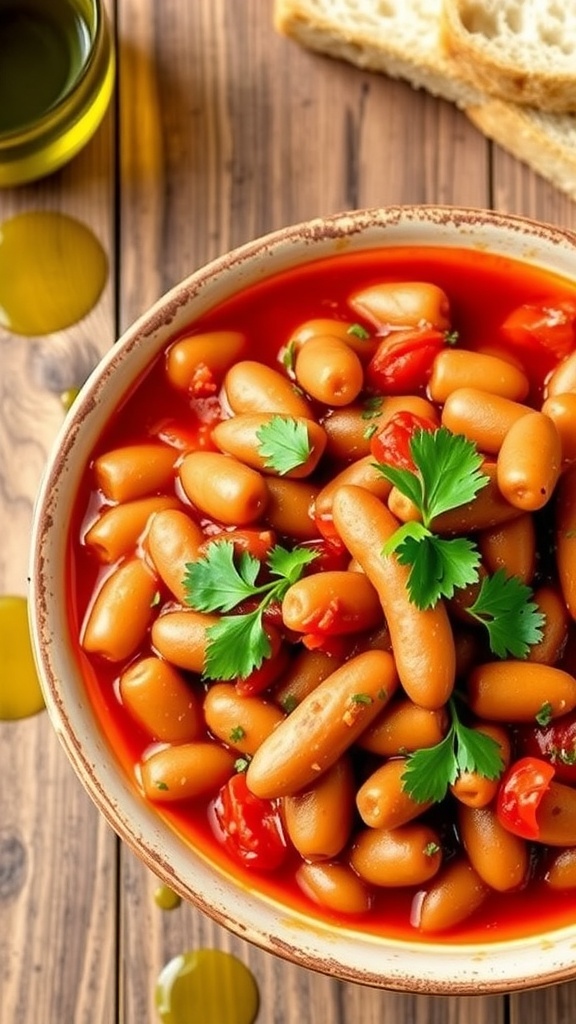 A bowl of Gigantes Plaki with butter beans in tomato sauce, garnished with parsley, on a wooden table with bread.