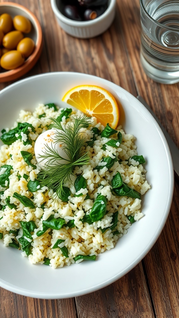 A bowl of Spanakorizo with spinach and rice, garnished with dill and lemon, on a rustic table.