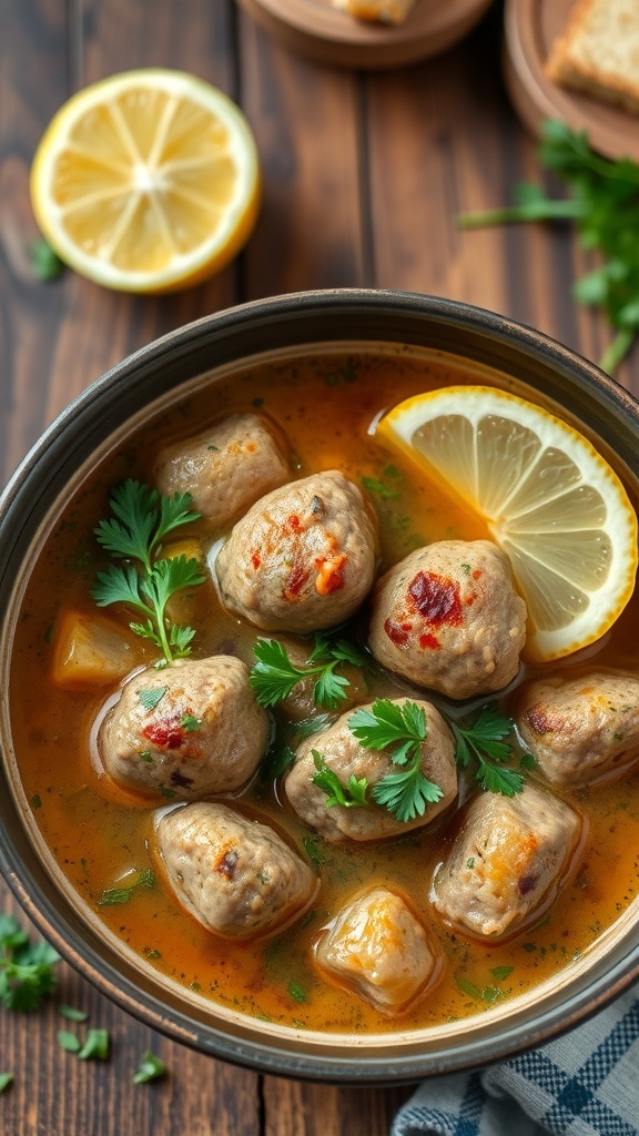 A bowl of Greek Yuvarlakia soup with meatballs, herbs, and lemon on a rustic table.