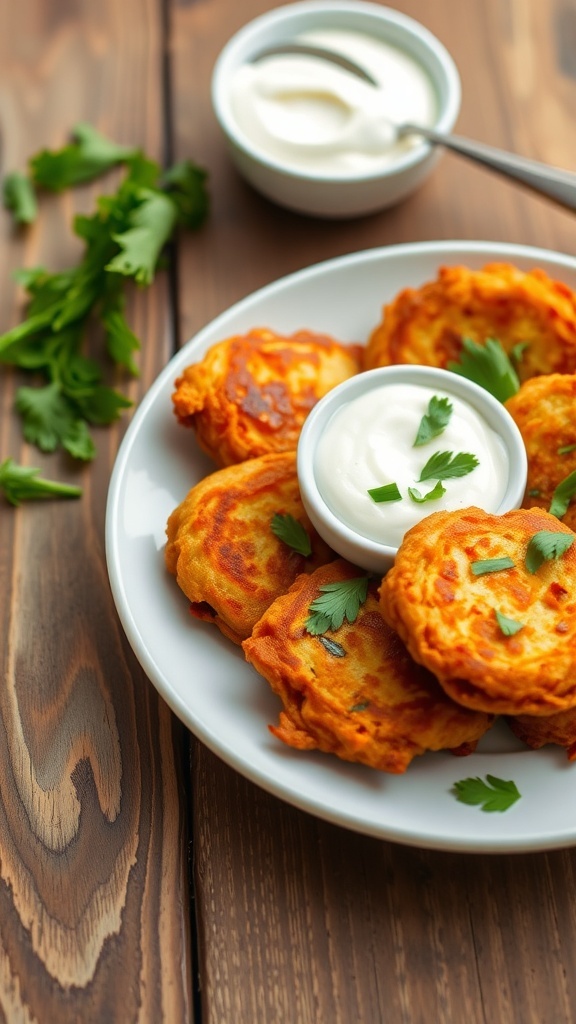 Crispy tomato fritters served with yogurt dip on a rustic wooden table.