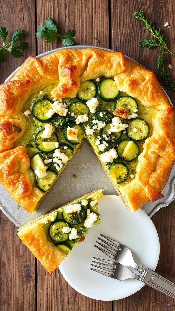 A slice of golden-brown Greek zucchini pie with a flaky crust and green filling on a rustic table.