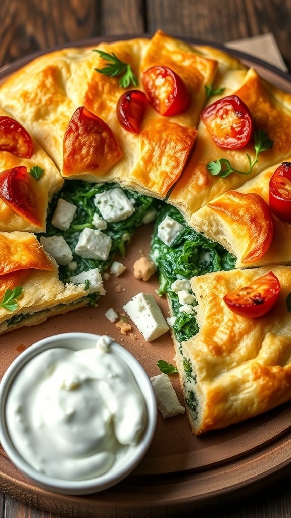 Traditional Greek Spanakopita Recipe A slice of golden spanakopita with spinach and feta filling, served with tzatziki sauce on a wooden table.