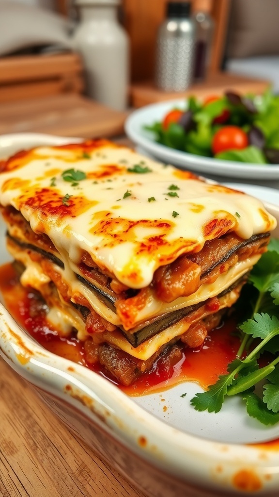 Traditional Greek Moussaka Recipe A layered moussaka with golden béchamel, eggplant, and meat sauce in a rustic dish, served with a salad.