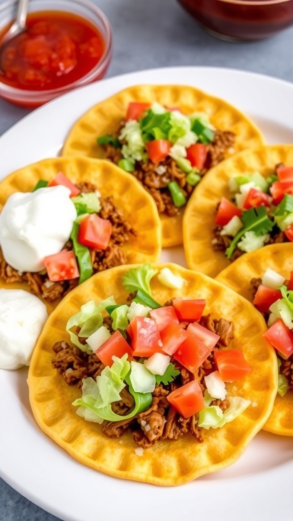 Authentic Mexican Sopes Recipe A plate of authentic Mexican sopes topped with beans, meat, cheese, and fresh vegetables.